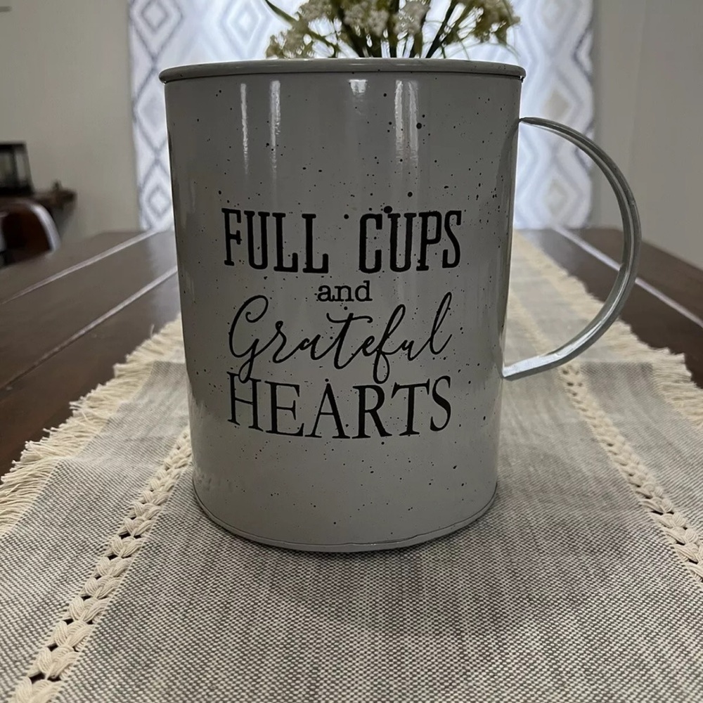New Farmhouse” Fill Cups and Grateful Hearts” Kitchen Tin
